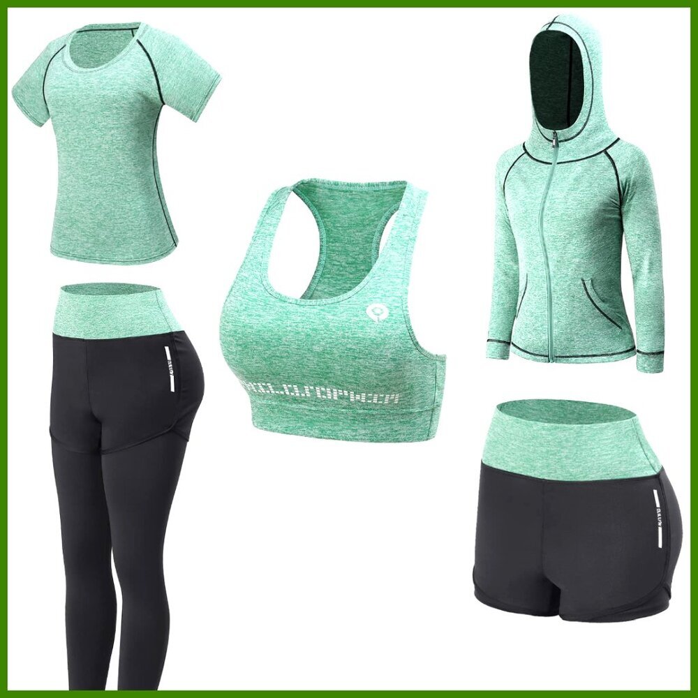5-Piece Workout Set with Sport Bra, T-Shirt, Shorts, Leggings, Jacket